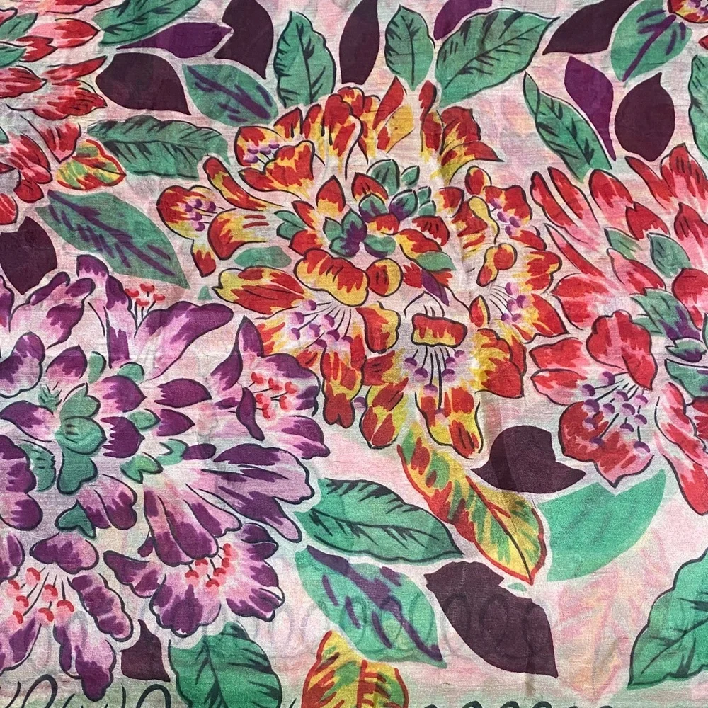 Vibrant Floral Print Scarf Green Pink & Purple Lightweight Botanical Print